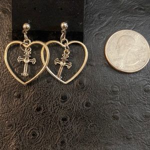 Goth cross and heart outline silver dangling post earrings